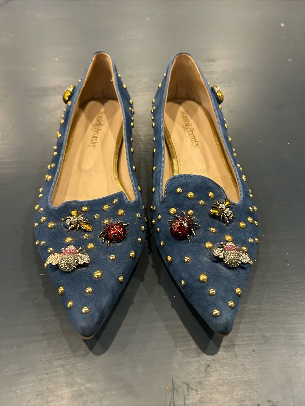 Embellished Blue Suede Pointed Toe Flats with Gold Studs